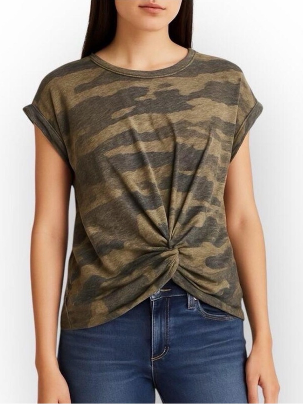 Lucky Brand Olive Camo Knot-Front Tee